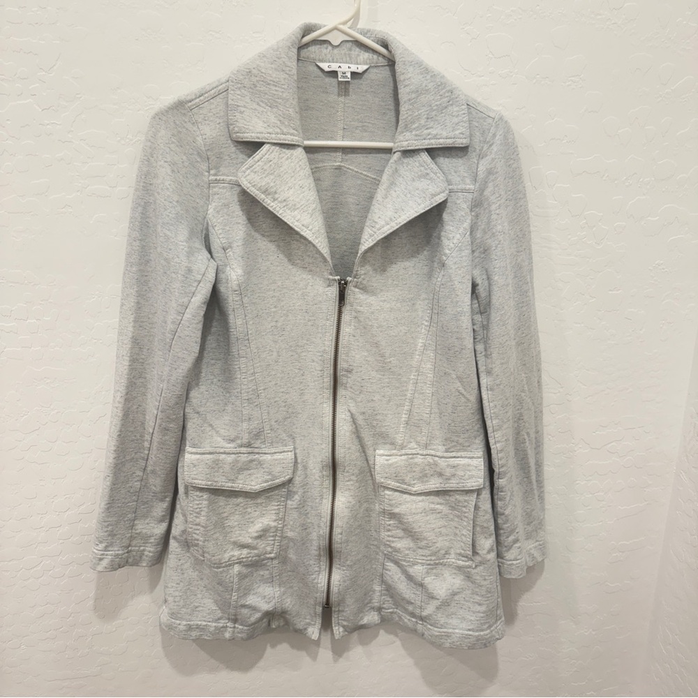 Cabi Knit Gray Blazer Jacket Collared Zipped Pockets Long Sleeve Womens Medium